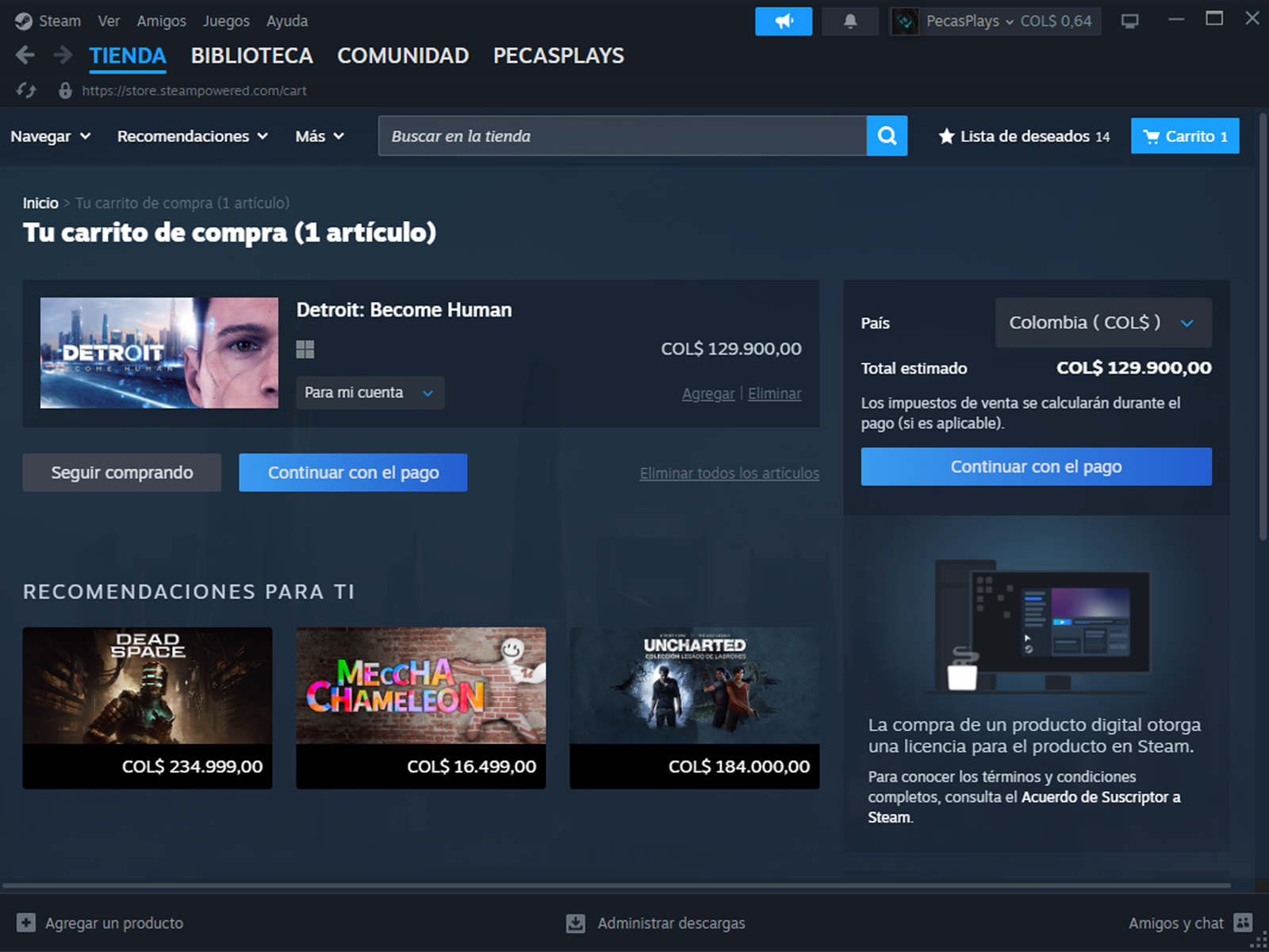 The purchase flow's cart step as it currently exists, with no reference to refund policy anywhere on the screen.