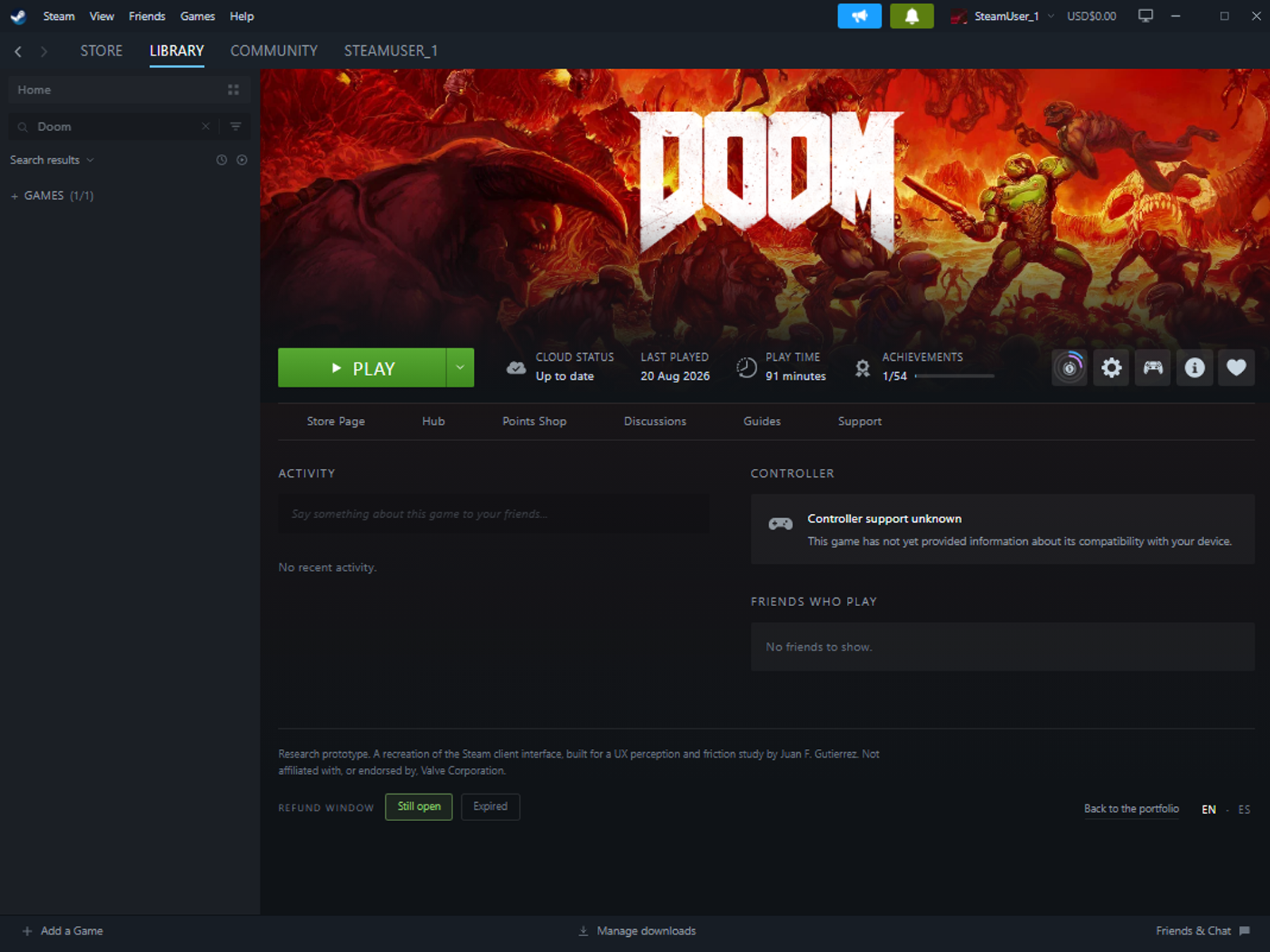 The same game page with the proposed refund-status indicator placed beside the settings icon.