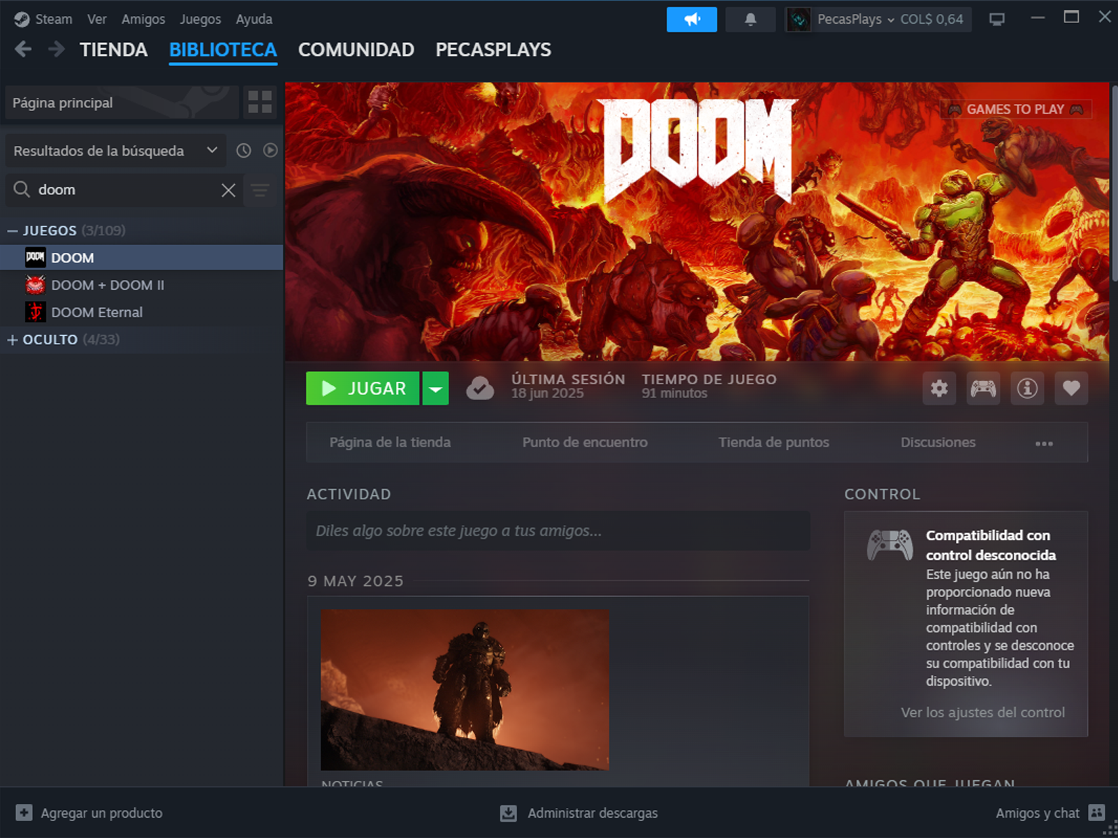 An owned game's current Steam page, with no refund status information visible anywhere.