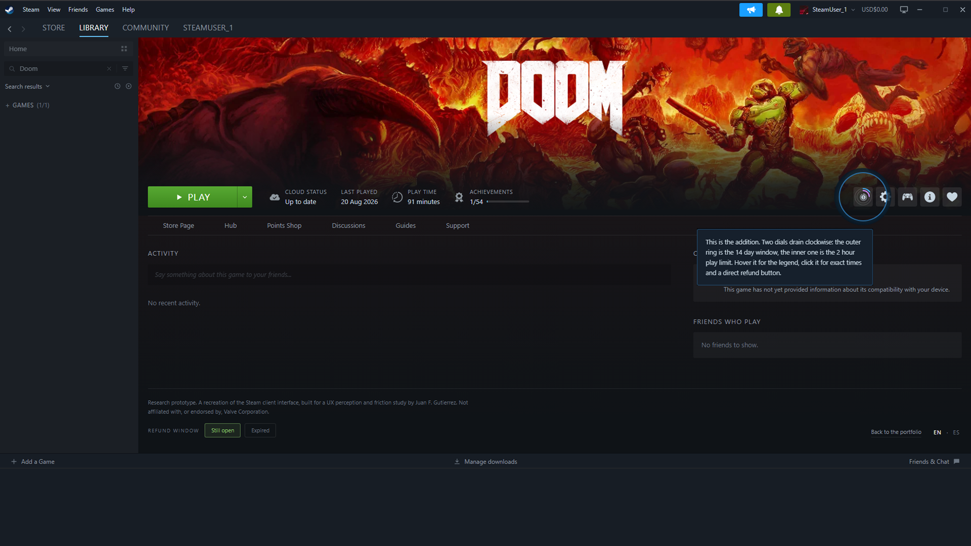 A mockup of an owned game's Steam page, showing the proposed refund-status indicator placed next to the settings icon.