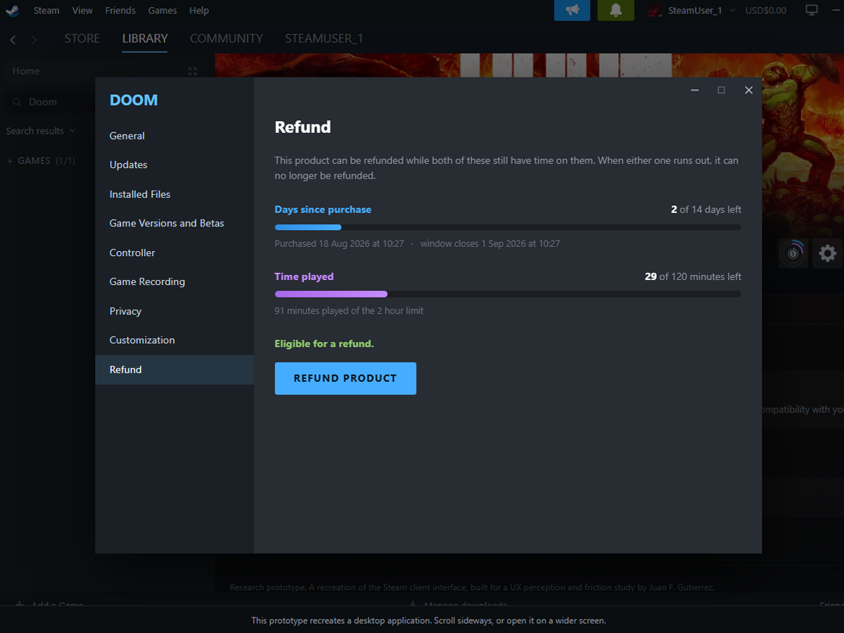 The Refund section inside the game's settings dialog, opened by clicking the indicator, showing both limits as filled bars, the exact purchase and expiry times, and a direct refund button.