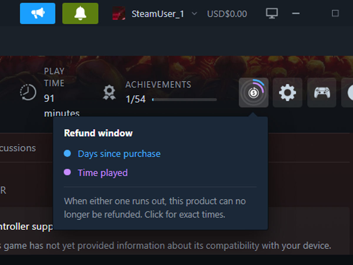 The refund indicator on hover, showing a tooltip that names what each colour measures and says that clicking gives the exact times.
