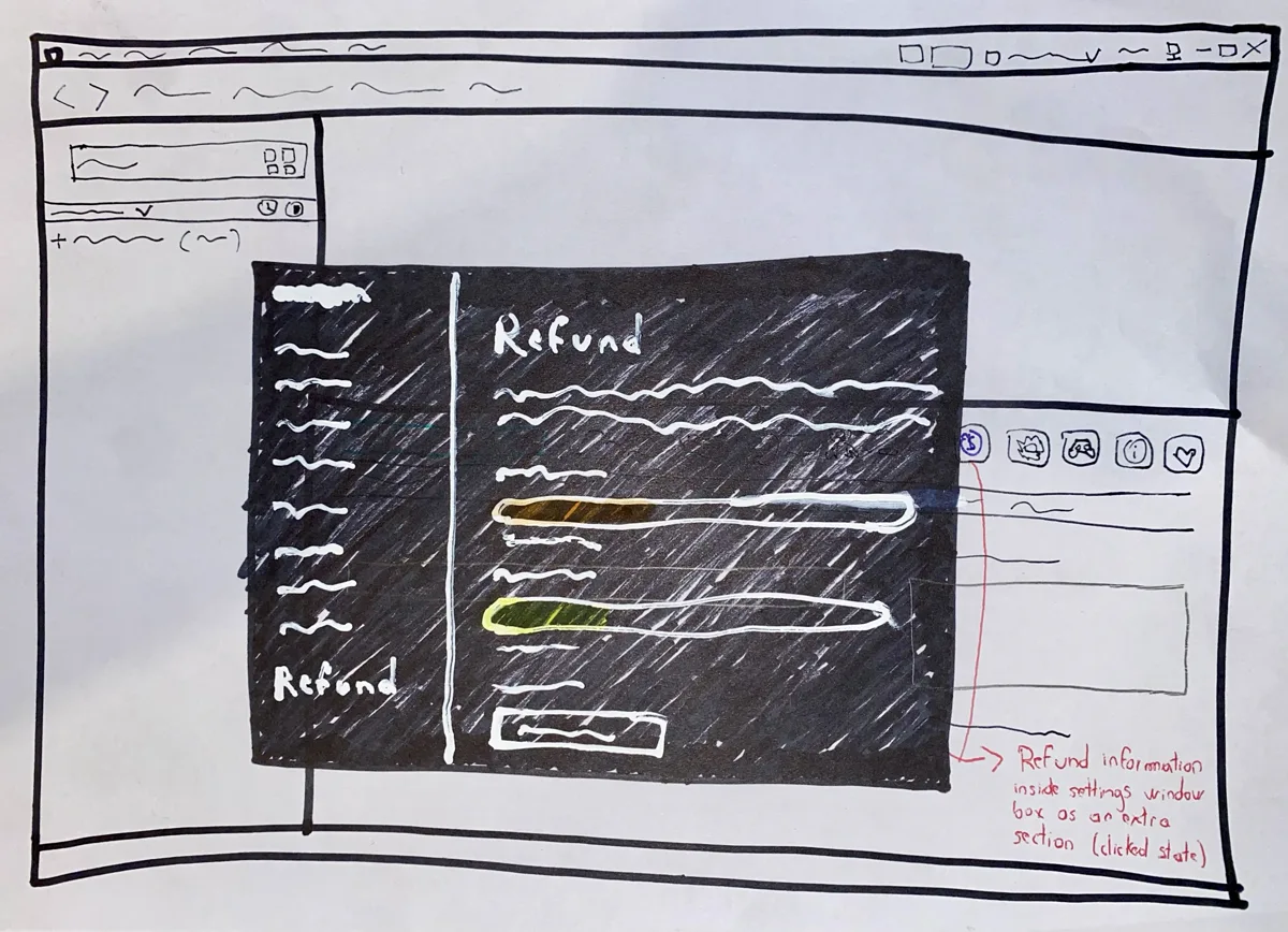 Hand-drawn concept sketch of the refund indicator's expanded click state opening the settings panel, drawn before development began.