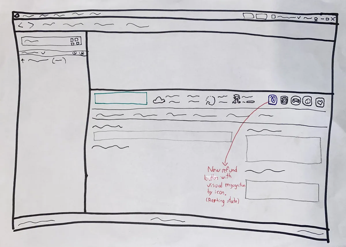 Hand-drawn concept sketch of the refund indicator's default, resting state, drawn before development began.