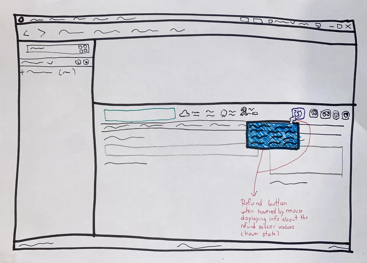 Hand-drawn concept sketch of the refund indicator's hover state with its tooltip callout, drawn before development began.