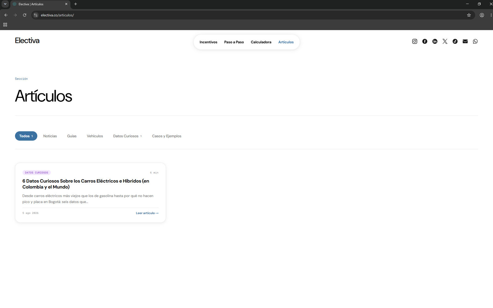 The public Articulos page showing a published article, the content section as used by the founders.