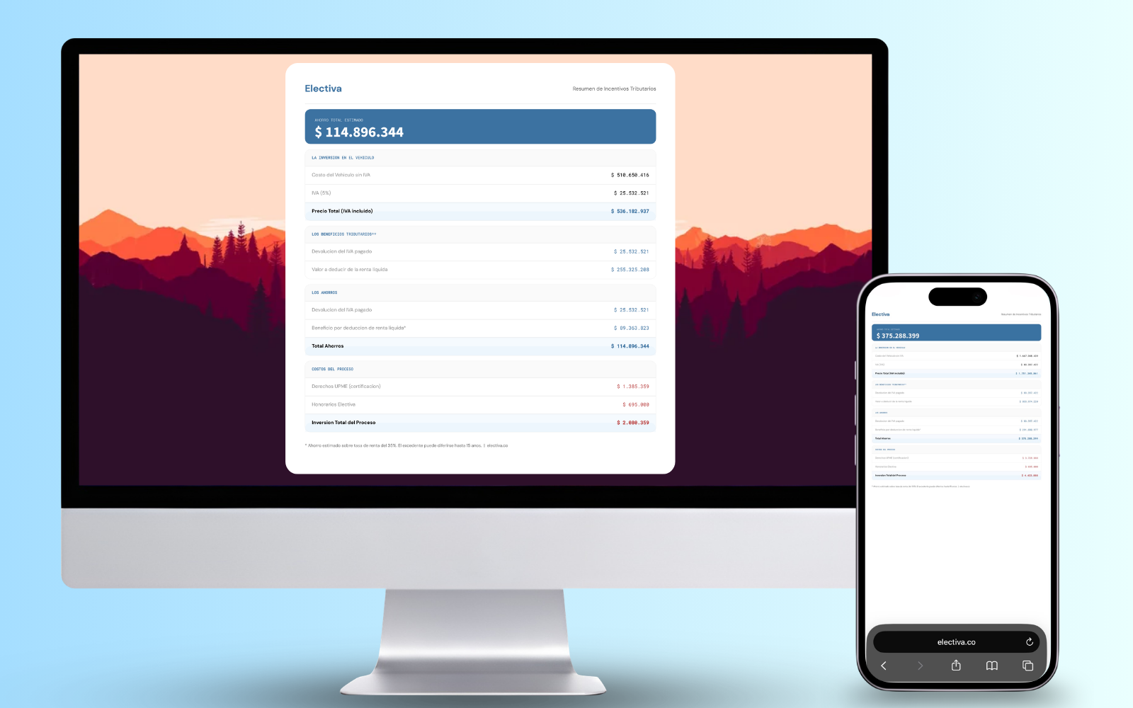 The downloadable result card generated by the calculator, showing the vehicle price, tax benefits, savings, and process costs.