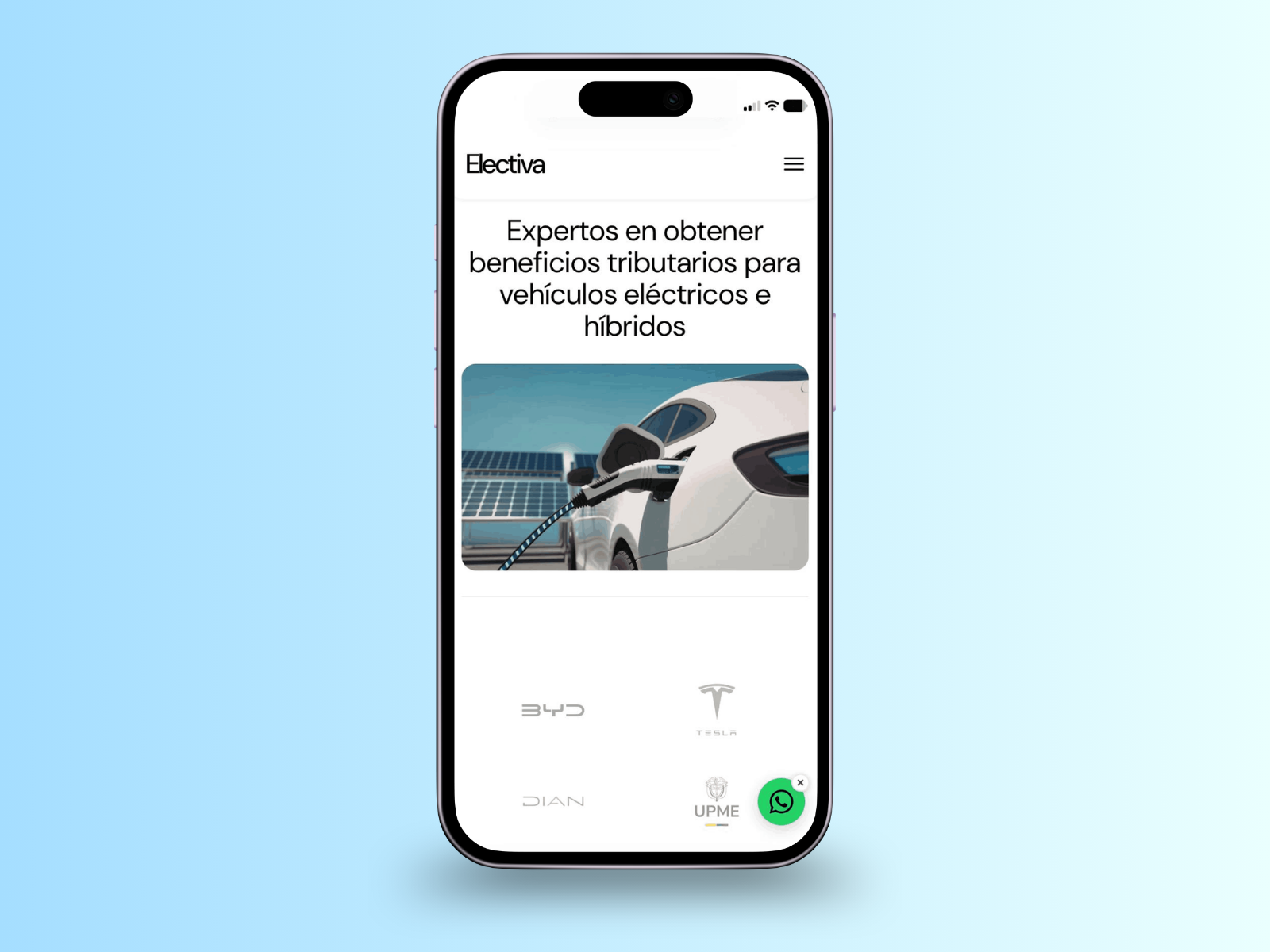 The finished Electiva homepage on a phone screen.
